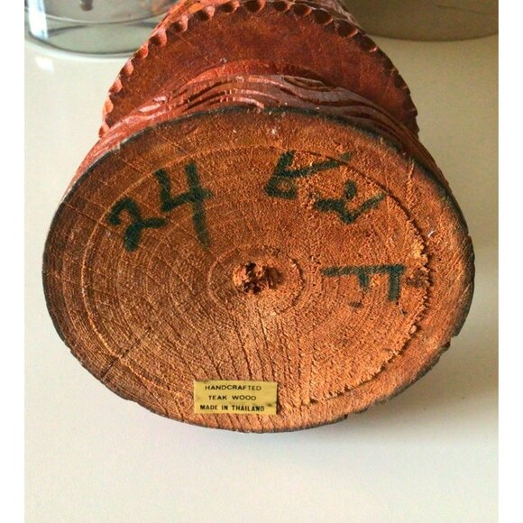 Vintage Vase Ornate Floral Hand Carvings Wooden 10" x 4"  Made In Thailand - Picture 9 of 14